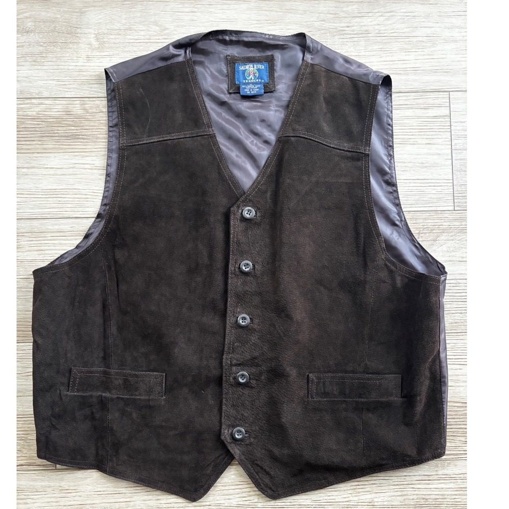 Salmon River Traders Mens XL Brown Suede Leather Western Vest Cinch Back Cowboy